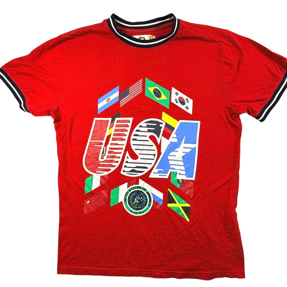 Rolling Paper Brand Mens USA Flags Graphic Ringer‎ T-Shirt Red Size Large